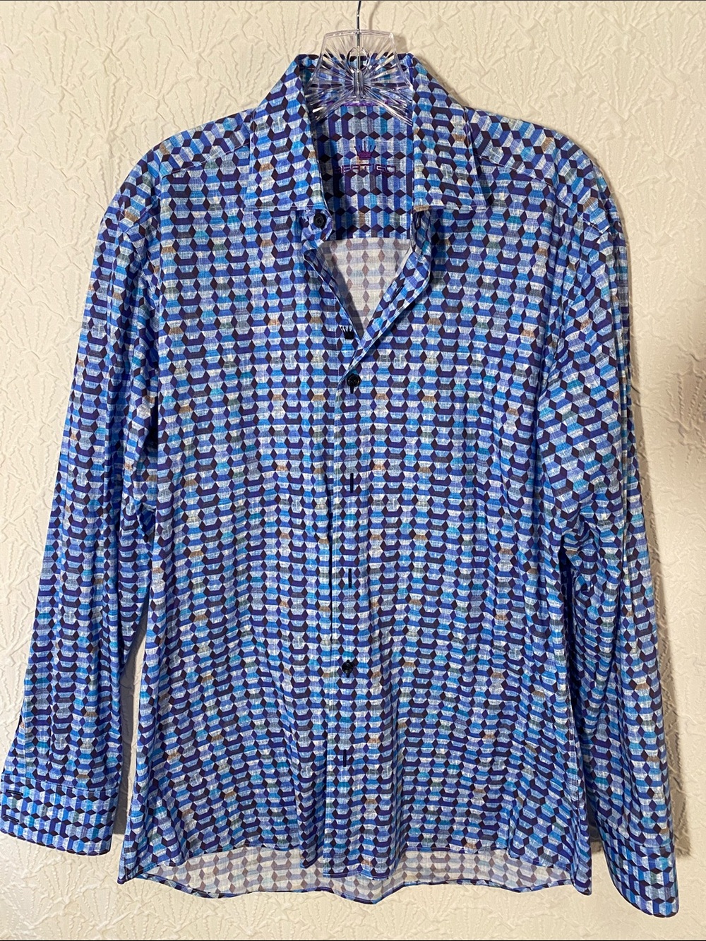 Bertigo Blue Geometric Long Sleeve Button-Up Shirt 100% Cotton Traditional
